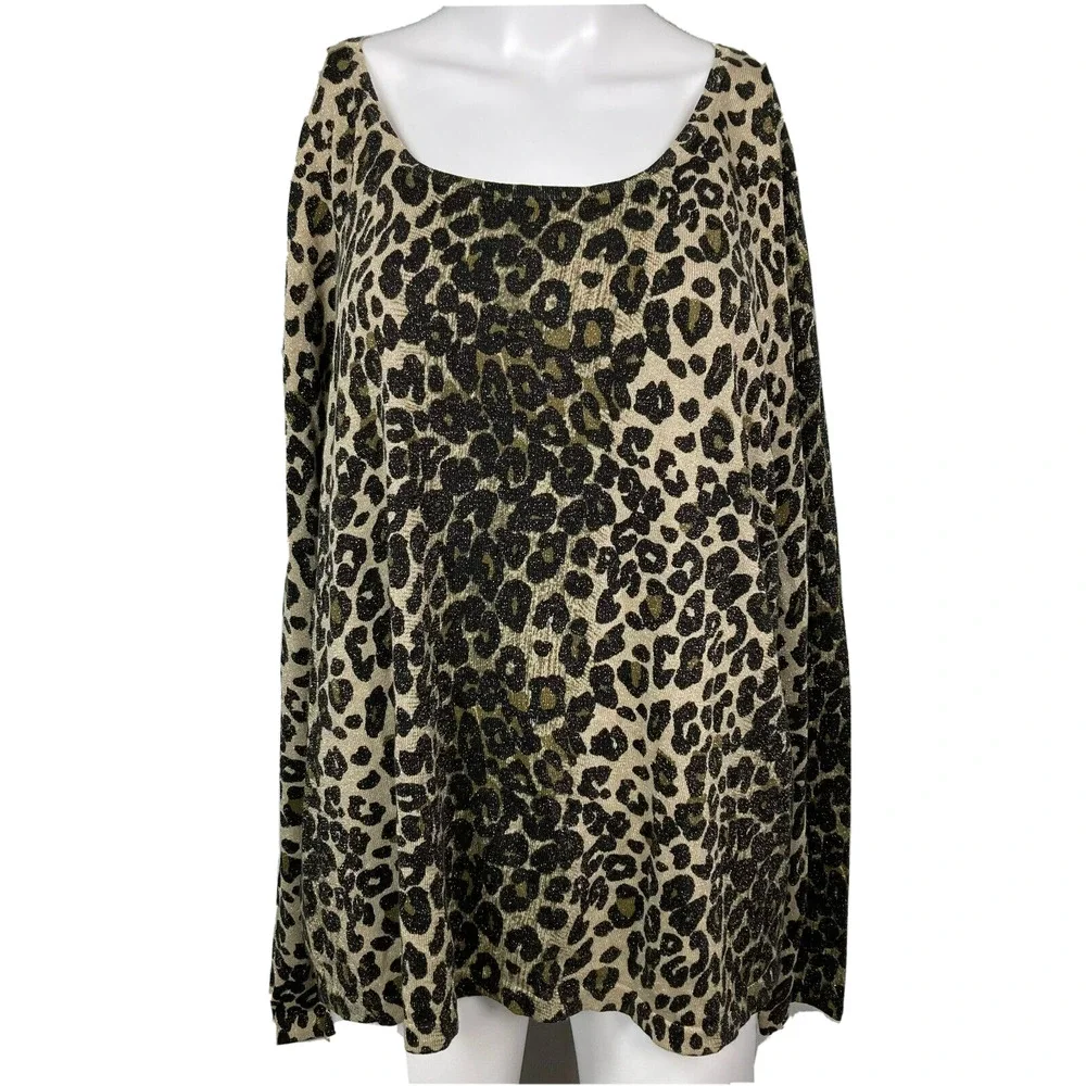 Nygard Collection Sweater Women Sz 1X Beige Black Metallic Knit Leopard Pullover